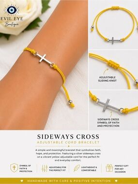 Evil Eye Boutique Sideways Cross Adjustable Cord Bracelet - Yellow